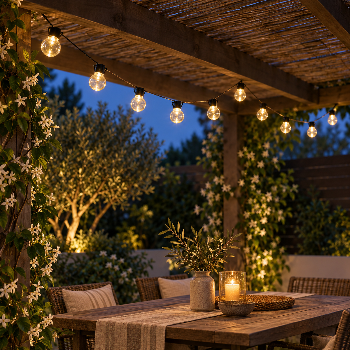 Mise en scène IA illustrative : guirlande solaire G45 5 m, 20 lampes — guirlande g45 pergola soir